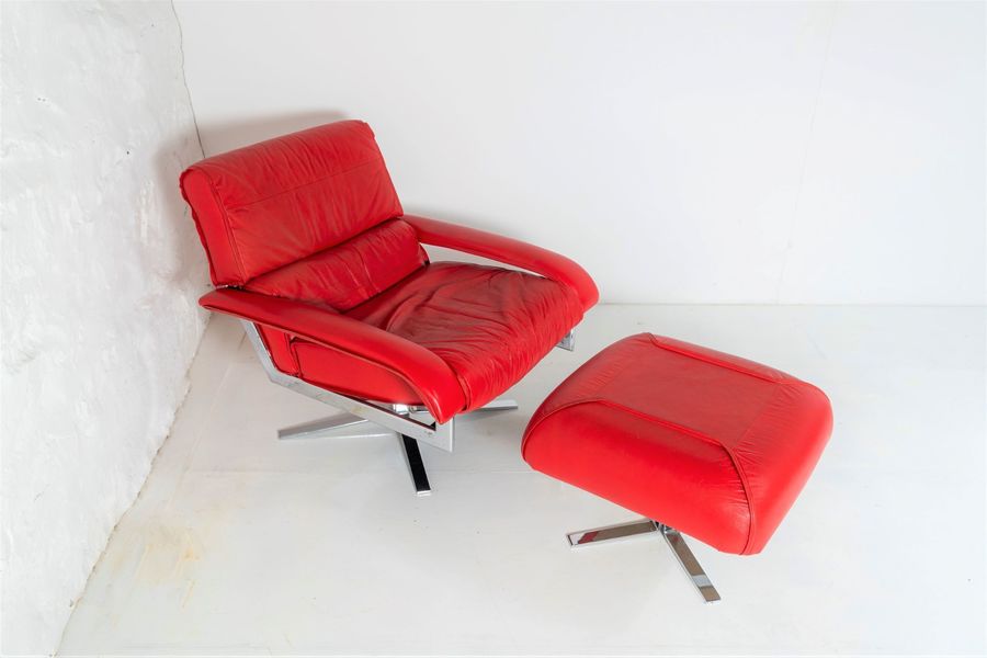 Mid Century Pieff Red Leather Tubular Chrome Swivel Chair With - Main Image