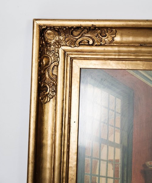 Interior Painting On Canvas With Beautiful Gilded Frame, From 1920. photo for sale