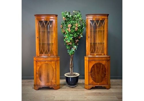 Attractive Pair Of Tall Yew Glazed Corner Display Cabinets