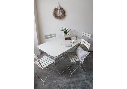 Rare Set Of Four Vintage French Folding Slatted Garden Chairs And Matching Folding Table Painted Off White