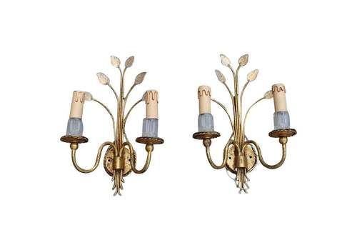 Mid Century French Wall Sconces Crystall And Gold Plated Metal Maison Jansen
