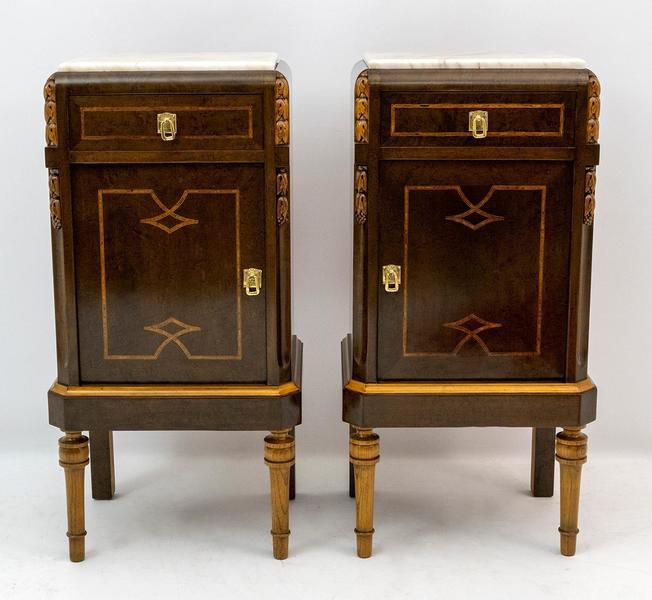 Pair Of Liberty Italian Thuja Briar And Pink Portugal Marble Bedside Tables, 20s photo for sale