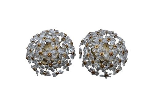 Round Pair Of Bouque Of Flowers In Crystal And Metal French Design, 1950s