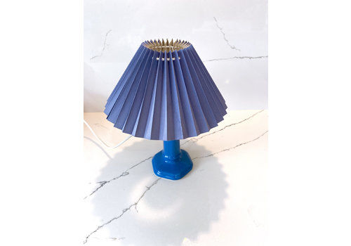 1980's Blue Ceramic Table Lamp With Pleated Paper Shade