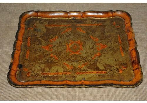 Italian Painted Orange/Gold Wooden Tray