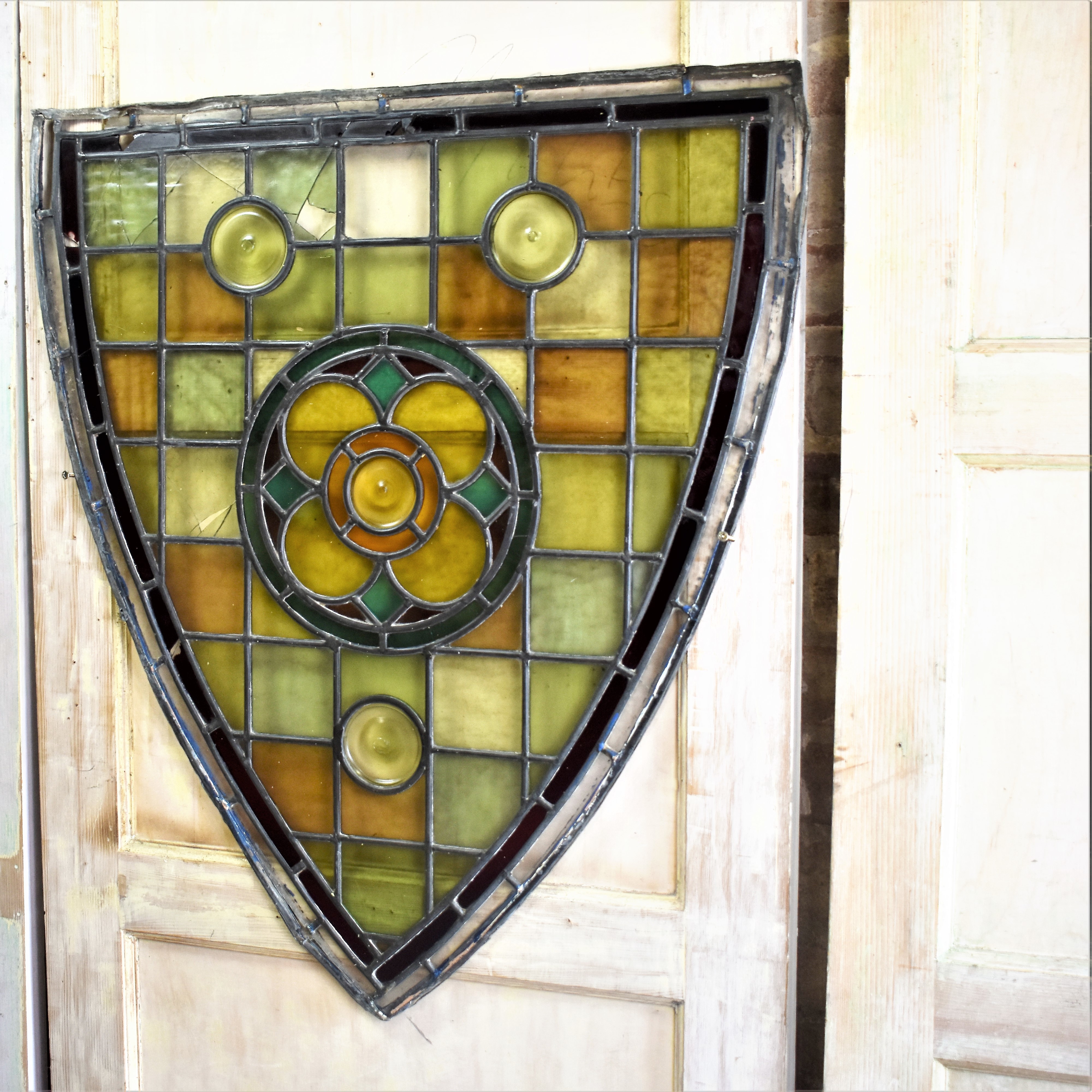 Antique Handmade Coloured Stained Glass Panel Window Salvaged Bullseye Reclaim Vinterior