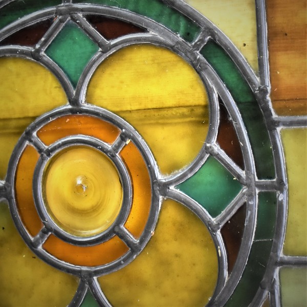 Antique Handmade Coloured Stained Glass Panel Window Salvaged Bullseye Reclaim Vinterior
