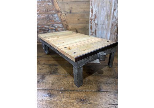 Industrial Cart Coffee Table Made From Vintage Tug Cart, Reclaimed Wood & Stud Detailing