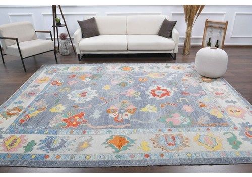 Turkish Vintage Rug Oushak Handmade Wool Carpet Blue Floral Large Area Farmhouse Decor One Of A Kind Anatolian Coastal Beach