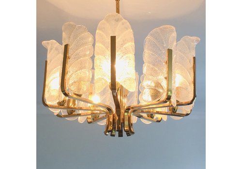 Scandinavian Brass Chandelier With 10 Glass Leaves By Carl Fagerlund For Orrefors, Sweden, 1960s