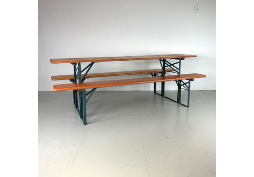German Beer Table And Benches With Blue Legs, Vintage