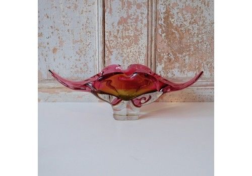 Chribska Czech Pink & Yellow Art Glass Ornamental Bowl By Josef Hospodka