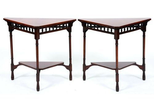 Pair Antique Edwardian Mahogany Triangular Tables Circa 1905