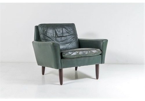 1960s Mid Century Danish Dark Green Leather Armchair | Lovely Worn Patina Chair