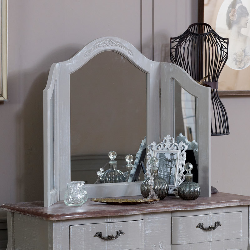 Ornate Grey Freestanding Triple Dressing Table Vanity Mirror