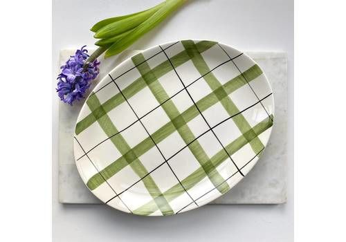 Vintage Washington Pottery Green Check Serving Plate | Hanley Staffordshire Off White Serving Dish | Vintage Tableware
