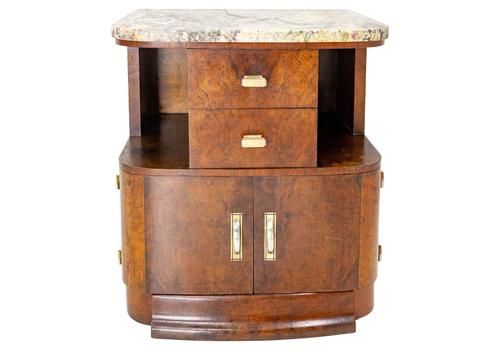 French Art Deco Side Table Or Nightstand Table Burled Walnut Top Marble, C. 1930
