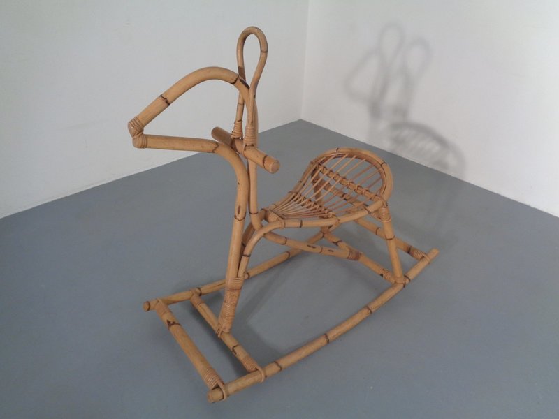 Large Mid Century Italian Bamboo Rocking Horse, 1960s Vinterior