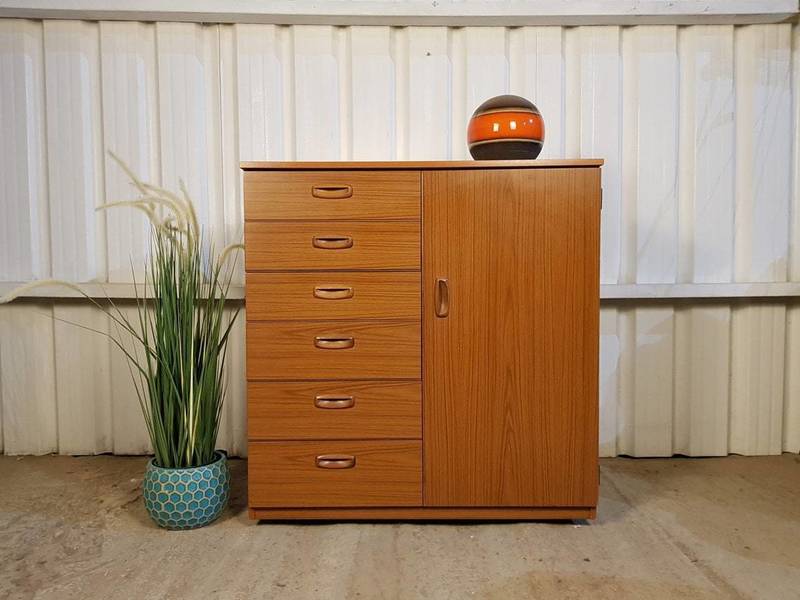 Schreiber Vintage Mid Century Medium Teak Tallboy Chest Drawers