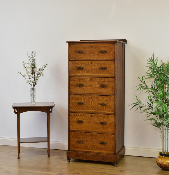 Antique Victorian Oak Tall Narrow Chest Of Six Drawers With Rear