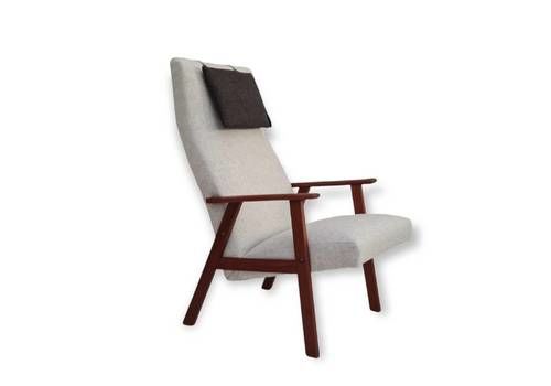 70s, Danish High Backed Armchair, Teak, Reupholstered