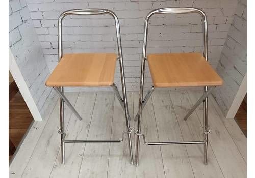 Vintage Pair Bar Stools Fold Up Kitchen Stool Chrome Beech Folding Space Saving