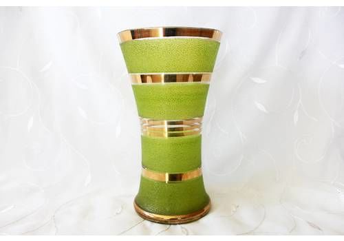 Tall Art Deco Glass Vase, Gold Rims, Green Frosted Design, Handmade Handpainted Gold Rim, Boom Belgium Belgian Height 24 Cm / 9.5 In