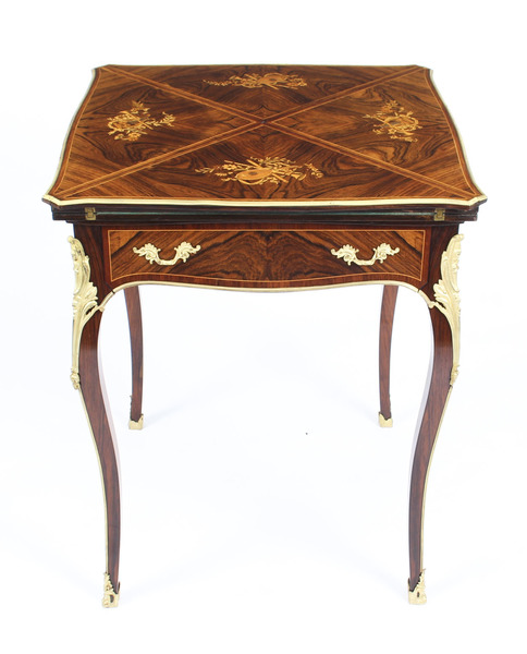 Victorian Ormolu Mounted  Marquetry Envelope Card Table C.1880 19th C photo furniture