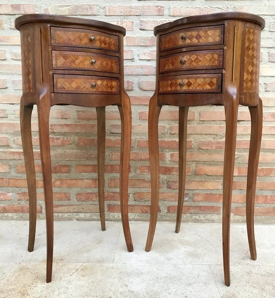 Louis XV Inlaid Walnut 3 Drawer Side Tables Or Nightstands With Marquetry, Set Of 2 photo for sale