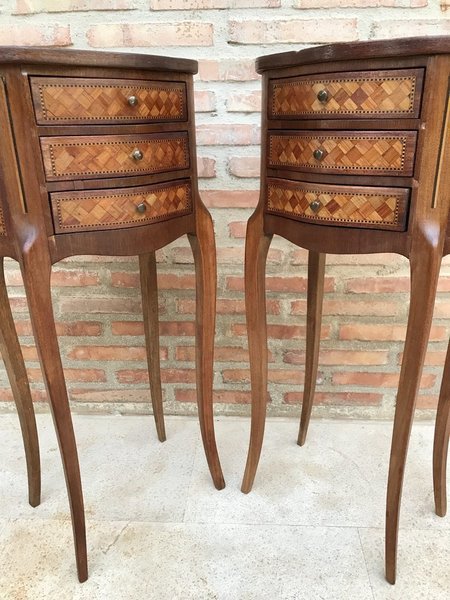 Louis XV Inlaid Walnut 3 Drawer Side Tables Or Nightstands With Marquetry, Set Of 2 photo Furniture