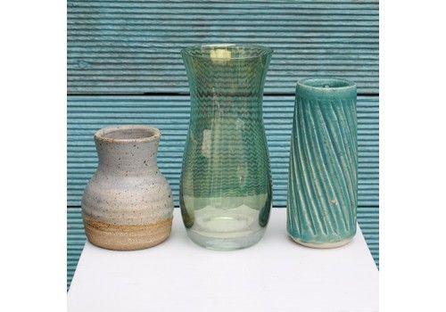 Three Vintage Green Glass & Studio Pottery Stoneware Vases
