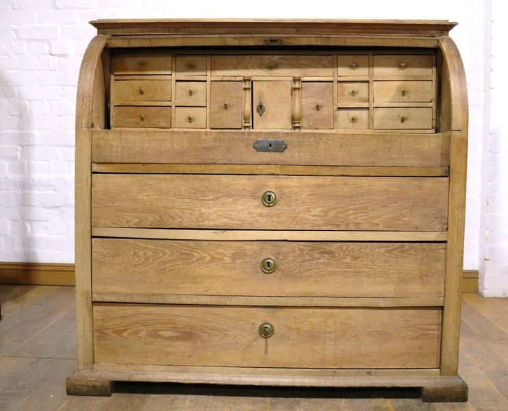 Large Antique Rustic Oak Continental Writing Bureau Desk With Drawers