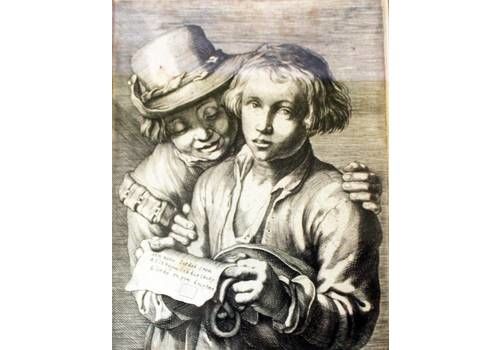 Antique Dutch Engraving, Two Boys Singing From Sheet Of Paper, Wood Frame, Cornelis Abraham Bloemaert, Pretzel, Hat, 17th Century Design