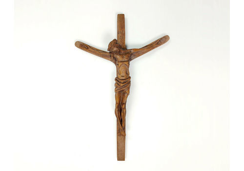 Vintage 1950s Folk Art Relief Carved Oak Corpus Christi Wall Hanging Crucifix