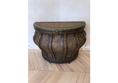 Vintage Chinoiserie Style Half Moon Woven Rattan Trunk Or Chest