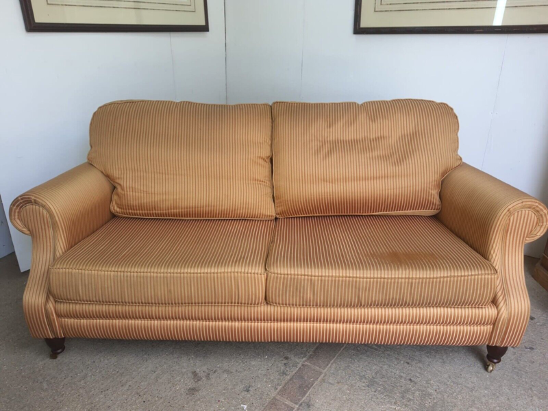 Wesley Barrell Sofa Settee Gold Red Striped Fabric Scroll Arms Turned Legs Vinterior