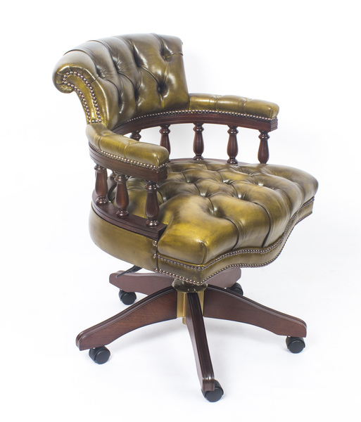 English Hand Made Leather Captains Desk Chair Emerald Green