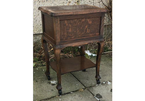 Early 20th C Oak Sewing / Work Table On Legs With Pot & Brass Castors