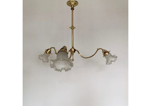 Edwardian Three Arm Polished Brass Chandelier With Frosted Frill Shades