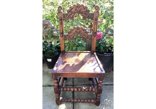 Antique Yorkshire Chair. Dark Oak. Carved. Inverted Finials. Bobbin Stretchers