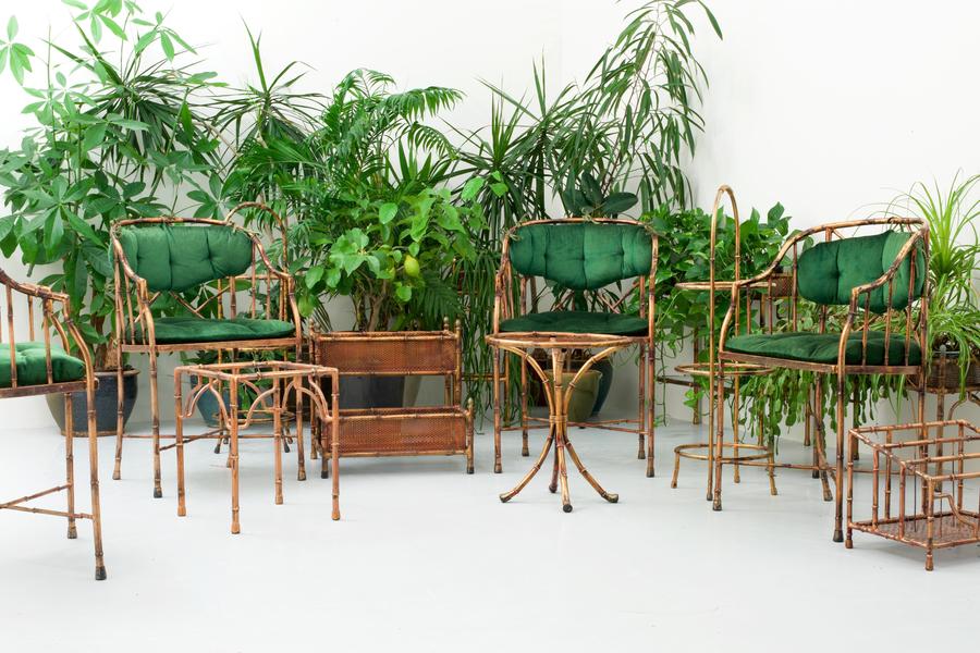 Set Of 9 Faux Bamboo Planters And Small Tables With Glass Top, France, 1970's photo for sale
