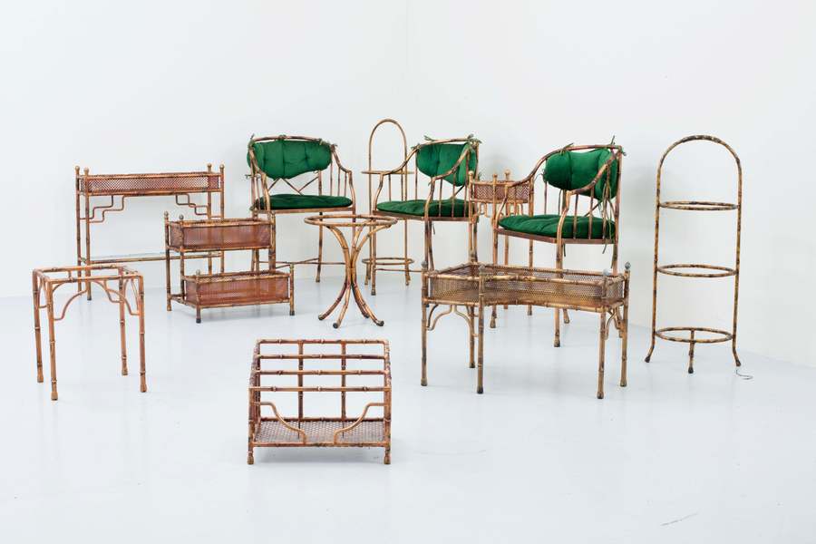 Set Of 9 Faux Bamboo Planters And Small Tables With Glass Top, France, 1970's photo Furniture