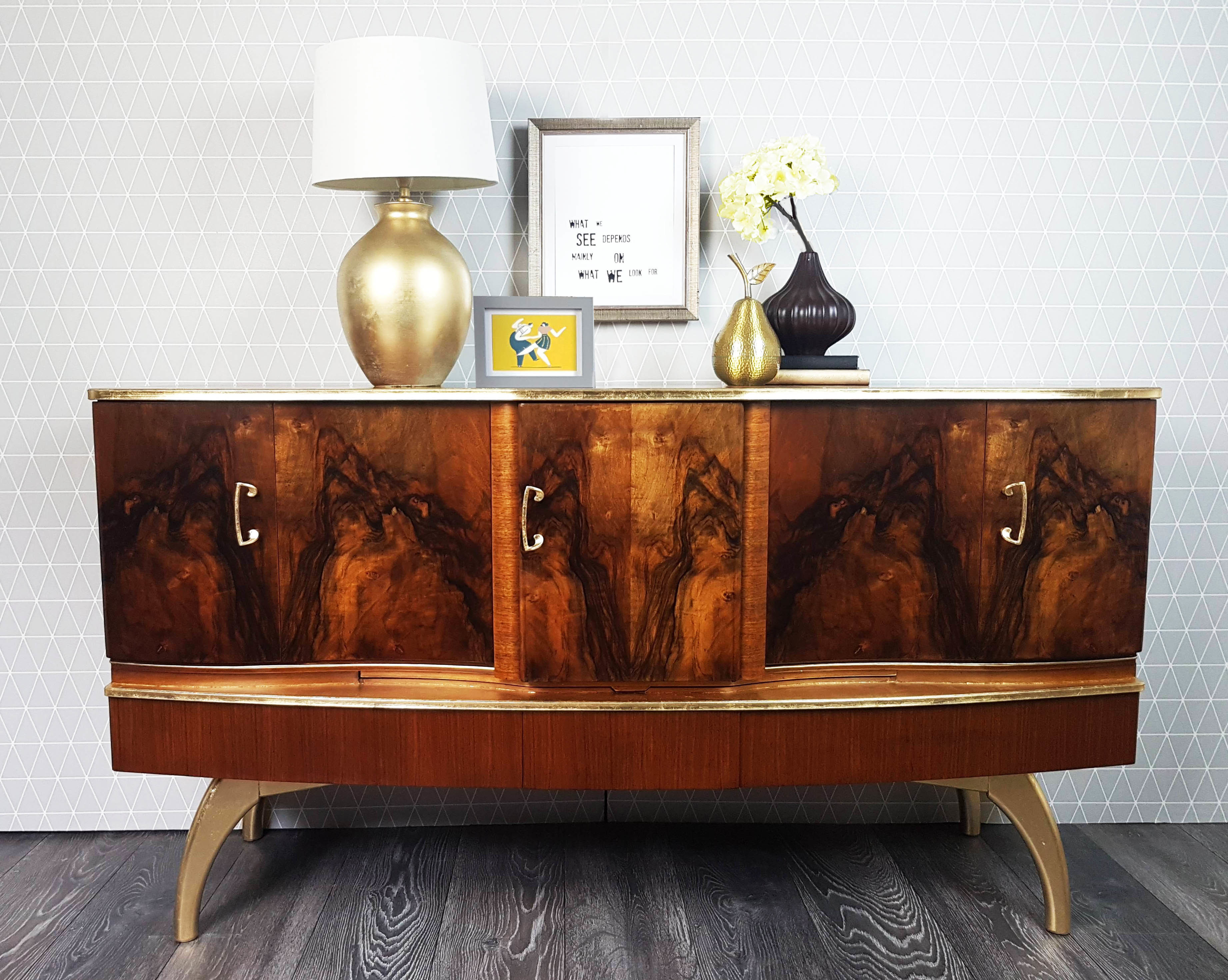 Rare Refinished Walnut Veneer Beautility Sideboard With Pull Out Cocktail Done up
