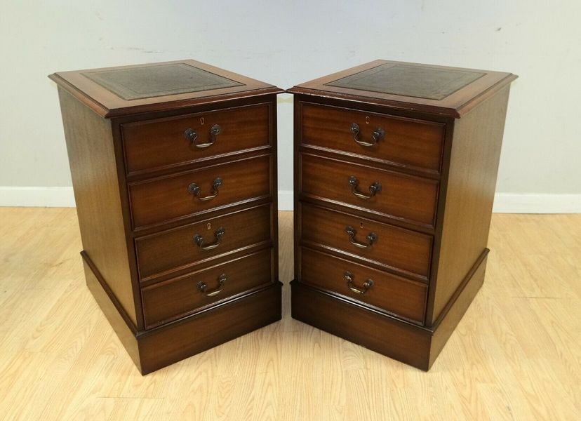 Lovely Pair Of Brown Mahogany Filing With Green Gold Leaf