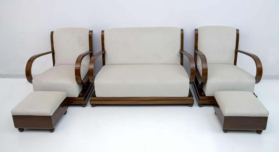 Art Dèco Italian Walnut And Velvet Sofa Two Armchairs And Ottomans, 1920s photo furniture