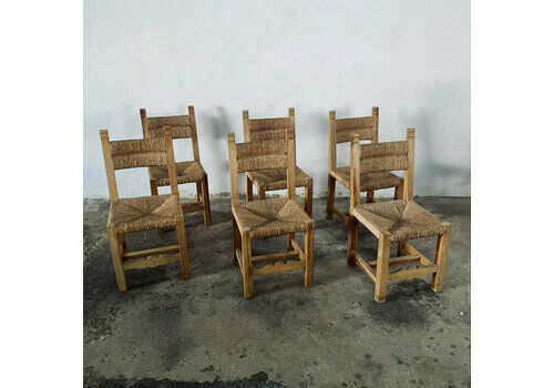 Set Of 6 Vintage Charles Dudouyt Style French Country Rush Seat Dining Chairs