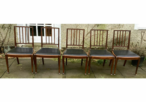 A Set Of 5 1950’s Chairs Faux Leather Seats Pad Feet And Square Spindles
