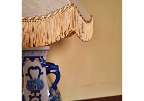 Vintage Blue And White Hand Painted Ceramic Table Lamp With Wooden Base
