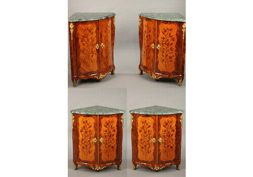 Pair Of 18th Century Louis XV Corner Cabinets With Flower Marquetry