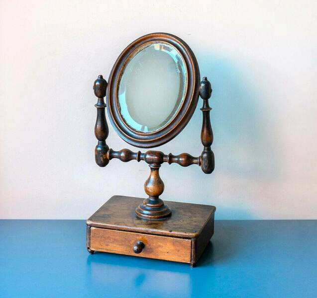 Old Wooden Table Mirror With Beveled Glass, Antique Dressing Mirror